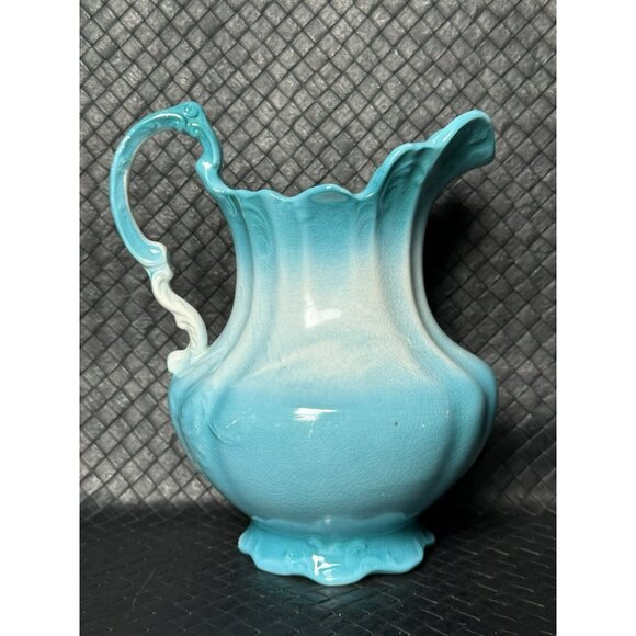 antique blue white pitcher bathing jug Homer Laughlin Victorian ornate 8 in tall